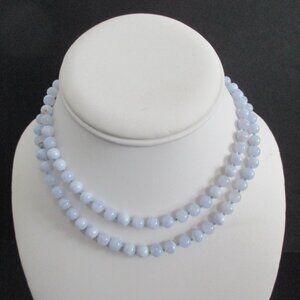 Blue Lace Agate 26" Necklace Hand Knotted Silver Clasp